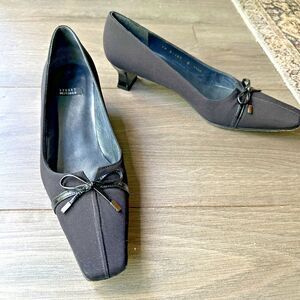 Vtg Y2K Stuart Weitzman Black Fabric Bow Square Toe Pump Size 8AAAA Extra Narrow